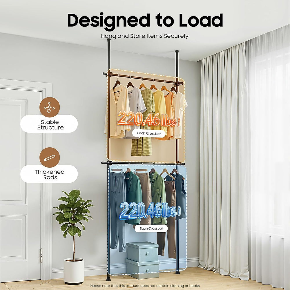 Floor to Ceiling Clothes Rack, Heavy-Duty Telescopic Garment Rack, 2-Tier Adj...
