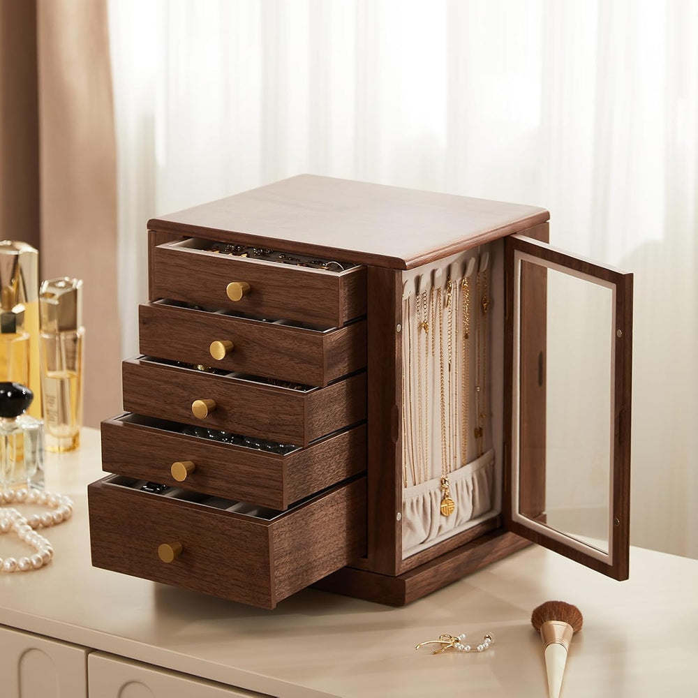 Rotating Black Walnut Wooden Jewelry Box for Women, 5 Layer