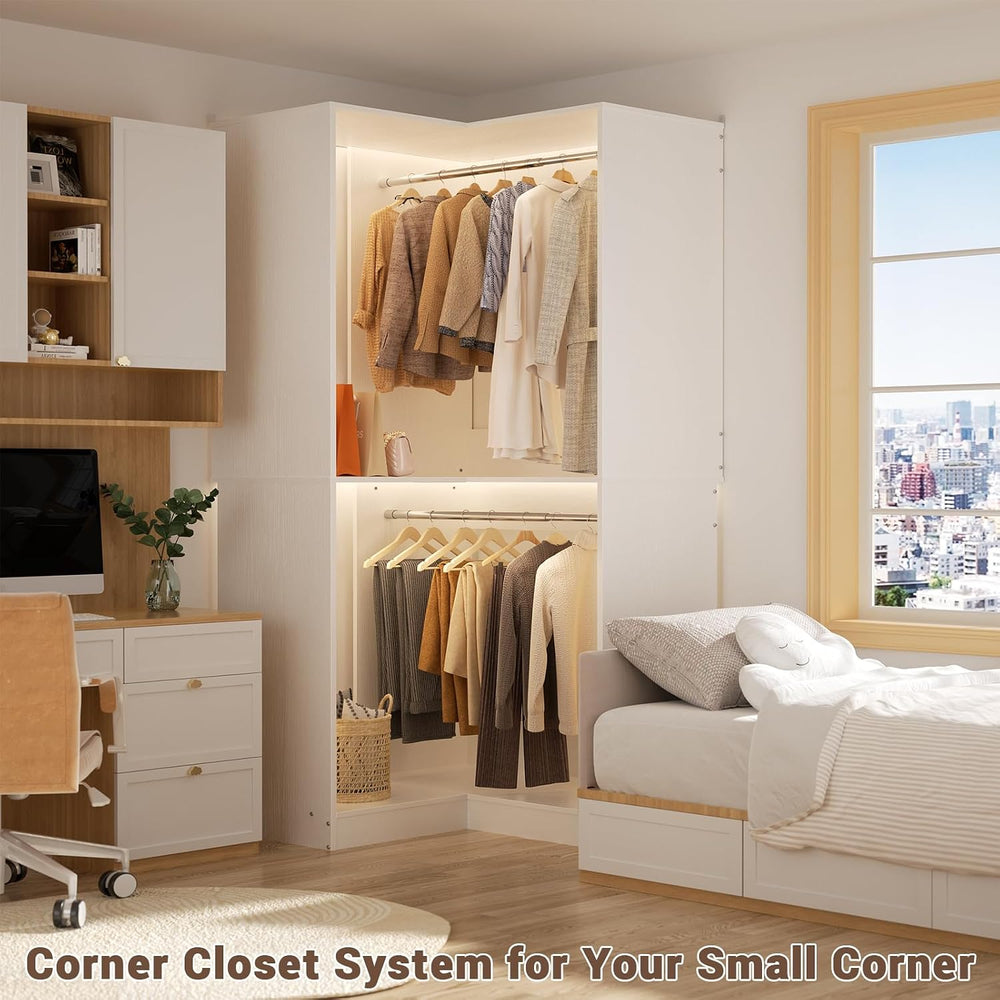 Armocity Corner Closet System, 32 Inches Wide Wood Unit with 2 Hanging Rods a...
