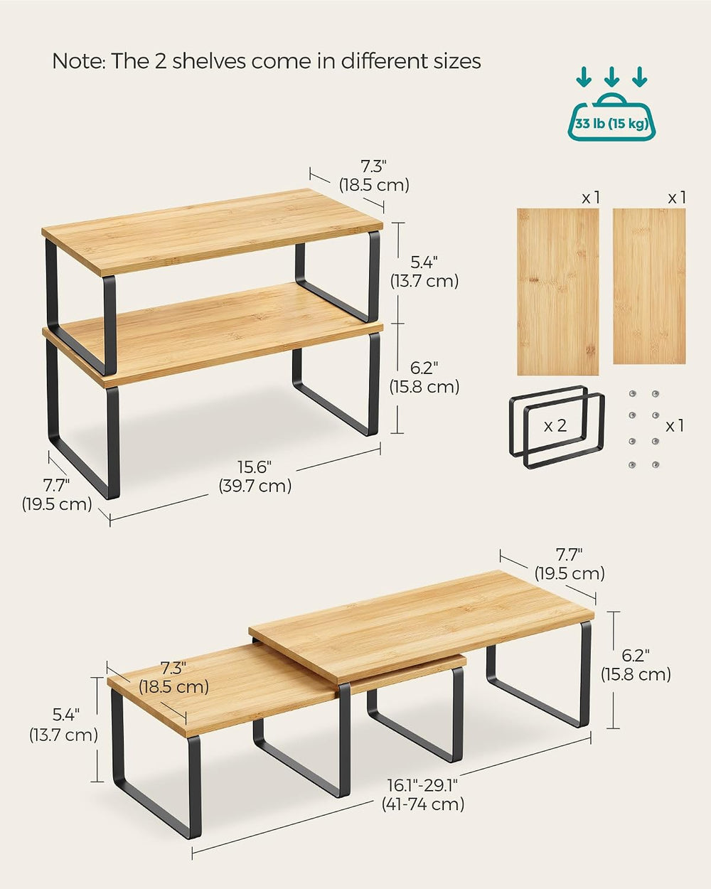 SONGMICS Cabinet Organizer Shelf, Set of 2 Spice Rack, Kitchen Storage