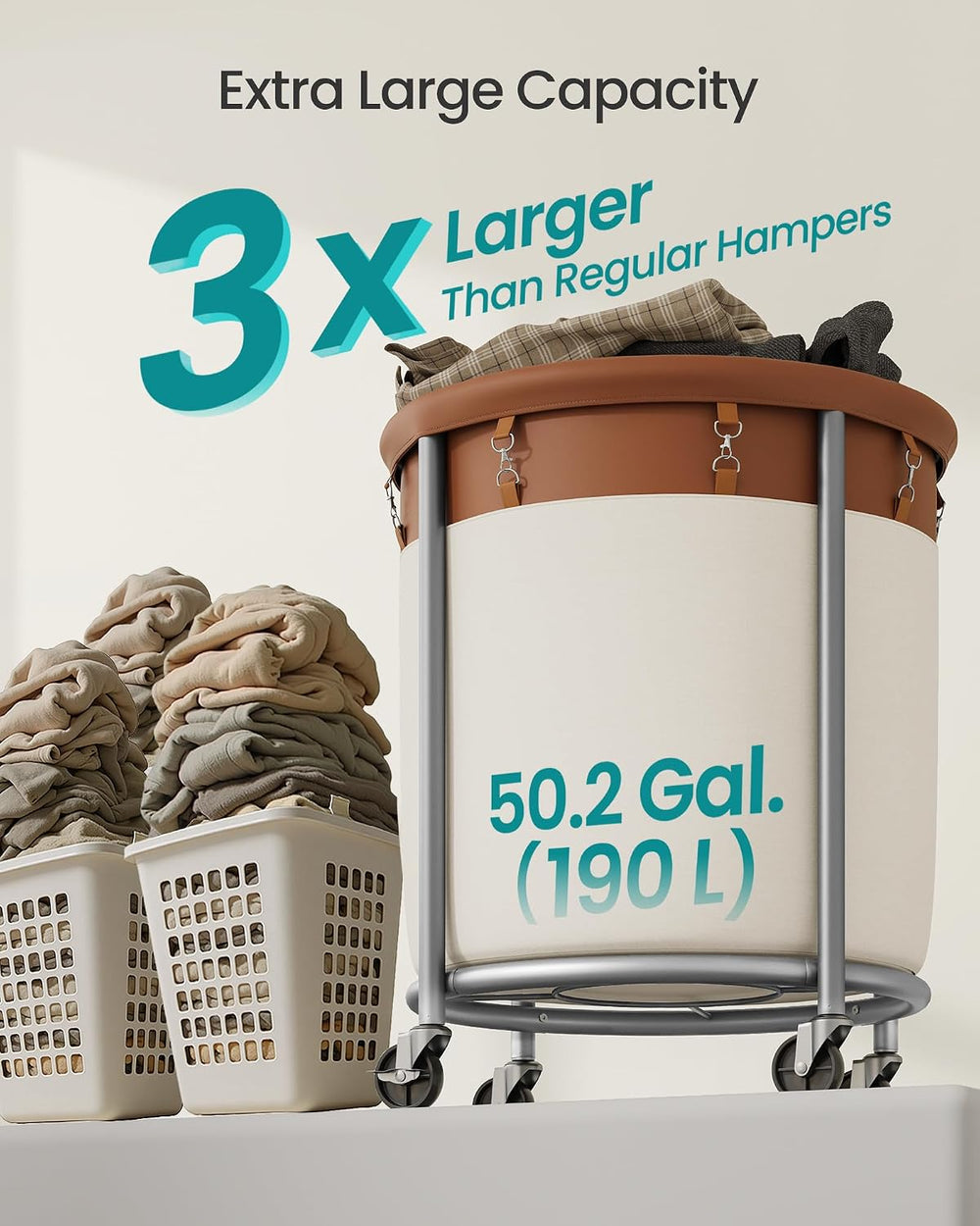 SONGMICS Laundry Basket with Wheels,190 L, Steel Frame, Removable Bag