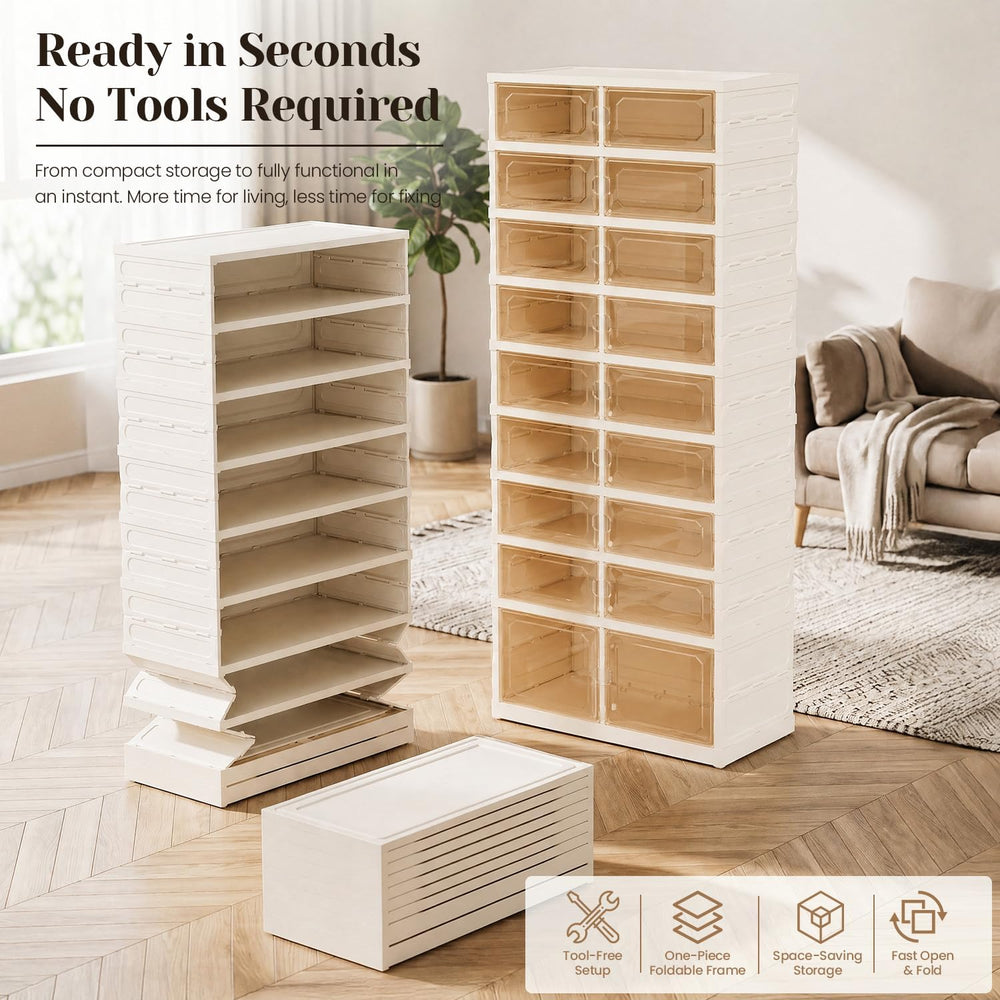 Foldable Shoe Rack, 9-Tier Shoe Storage Cabinet with Clear Doors for Closet