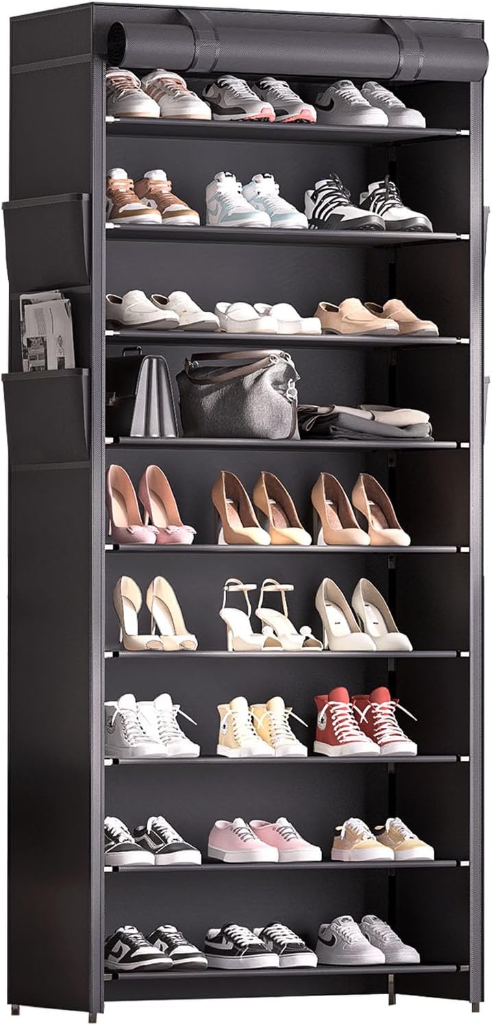 Shoe Rack with Covers - 9 Tiers Tall Shoe Rack Organizer Large Capacity Shoe ...