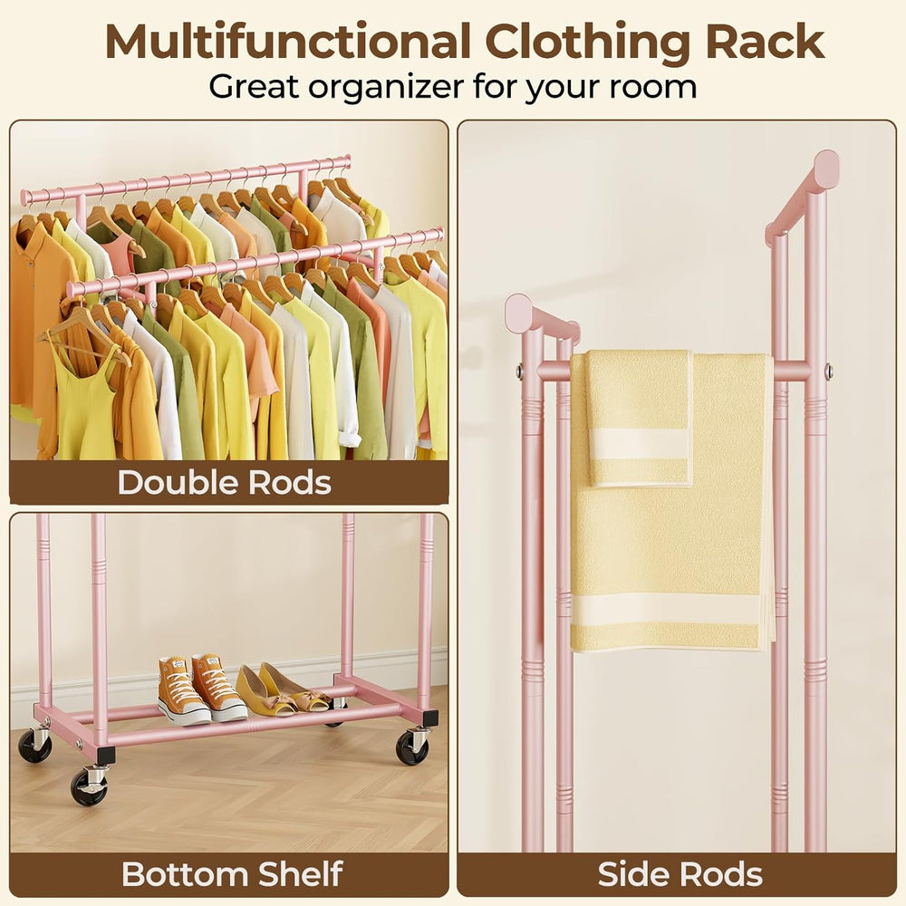 HYSEYY Double Rods Clothes Rack, Sturdy Rolling Clothing Rack, Portable Cloth...
