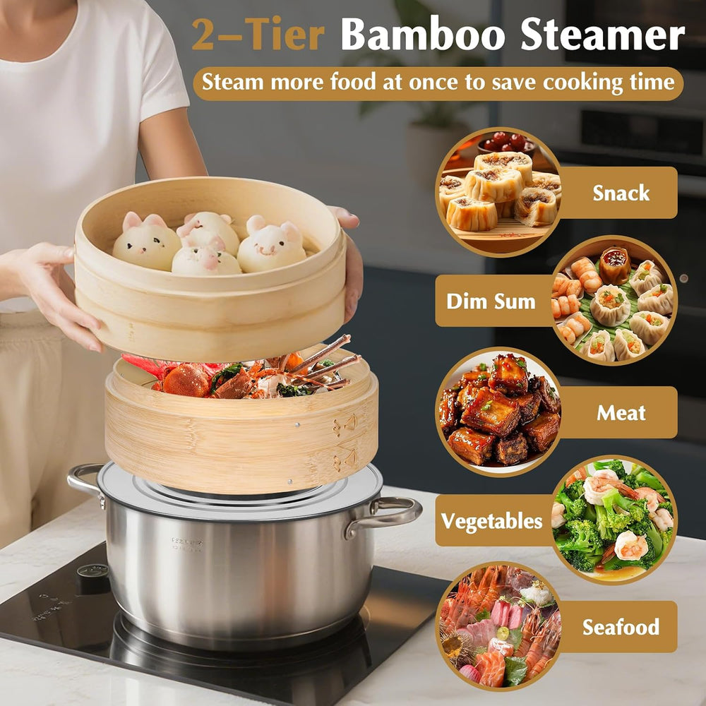 Bamboo Steamer 2 Tier 10-Inch Steaming Basket, Bun Vegetable Steam, Dumpling ...