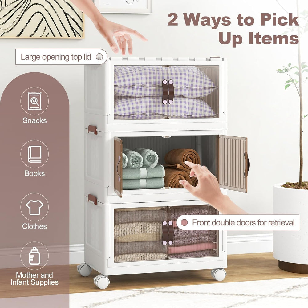 HOMGX 3 Tier Stackable Storage Bins, Collapsible Closet Organizers w/Wheels a...