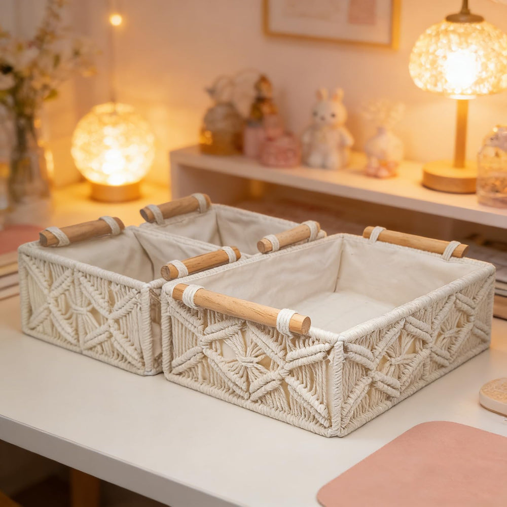 Boho Macrame Storage Baskets Decorative Boxes for Bathroom Decor Organizer