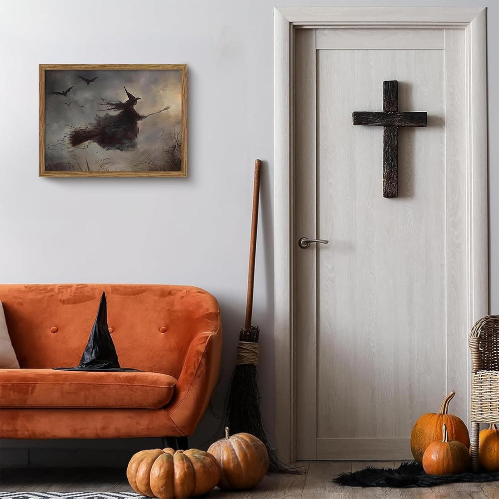 Moody Halloween Framed Wall Art Vintage Horror Flying Witch Prints 16x24 In