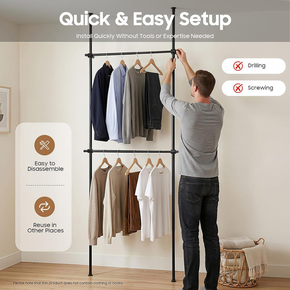 Floor to Ceiling Clothes Rack, Heavy-Duty Telescopic Garment Rack, 2-Tier Adj...