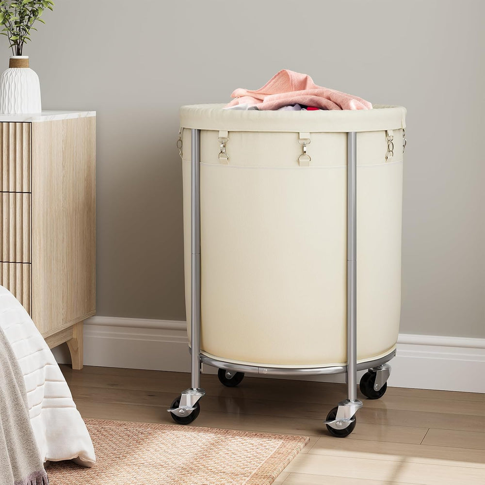 ELYKEN 190L Laundry Basket with Wheels, Steel Frame, Removable Bag, Cream