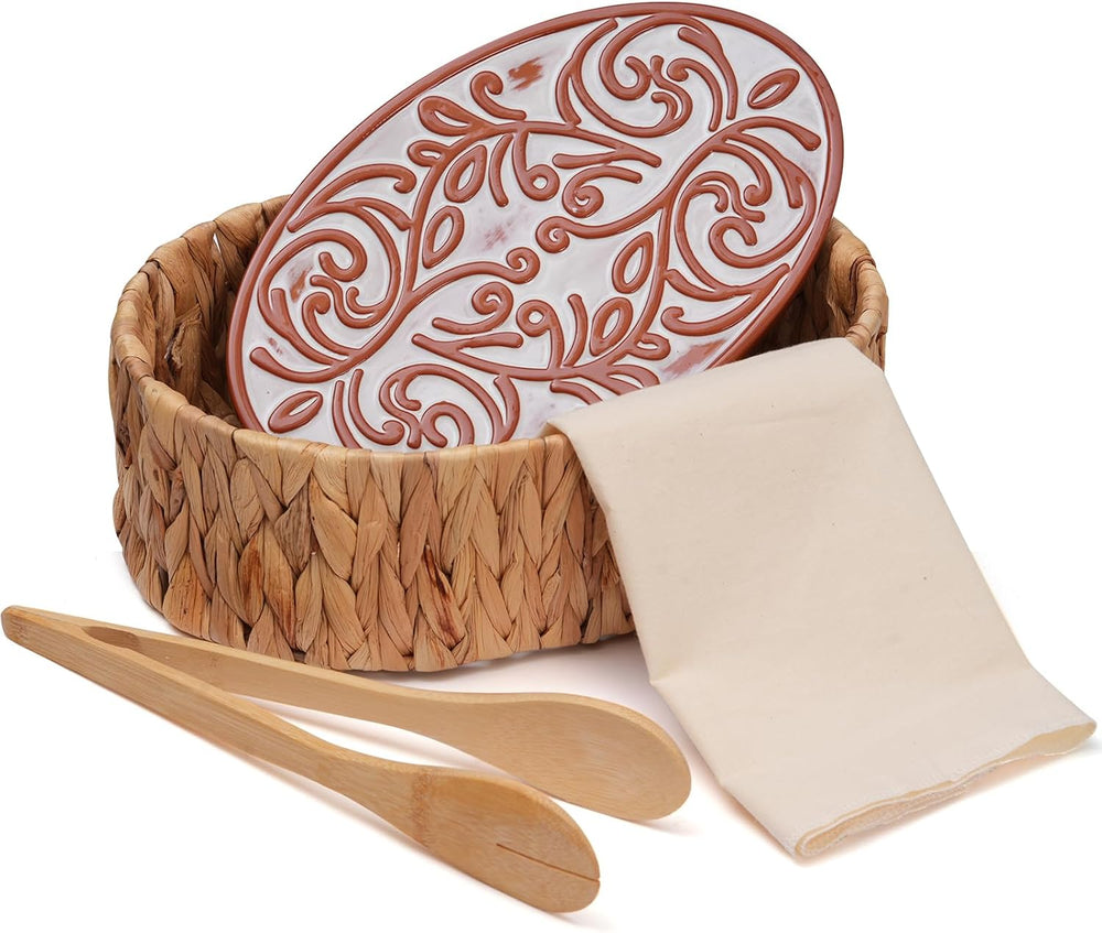 Bread Warmer Basket with Stone - Includes Linen Towel and Clips,Bread Baskets...