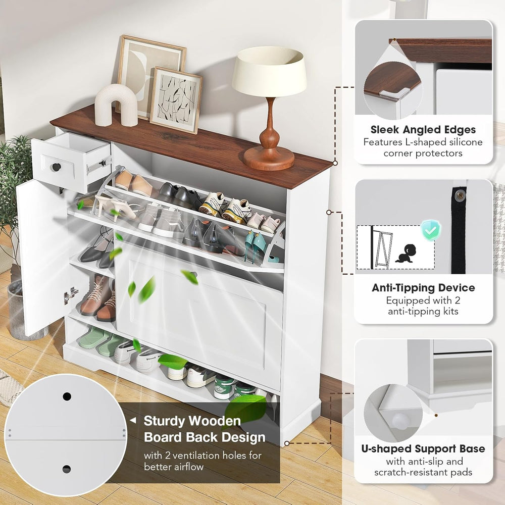 Patiorama Shoe Cabinet Set of 2 with 2 Flip Drawers, Side Cabinet, White