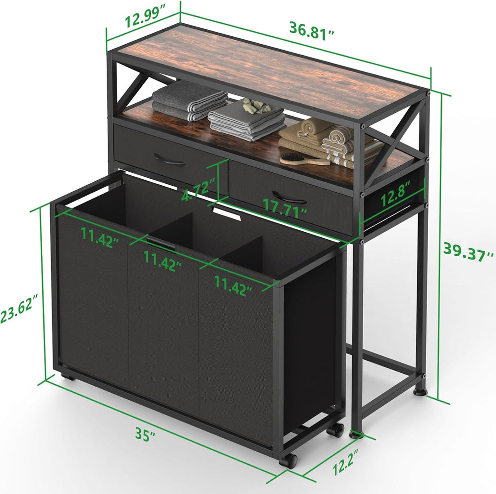 150L Laundry Sorter Hamper 3 Section with 2 Shelves & 2 Drawers