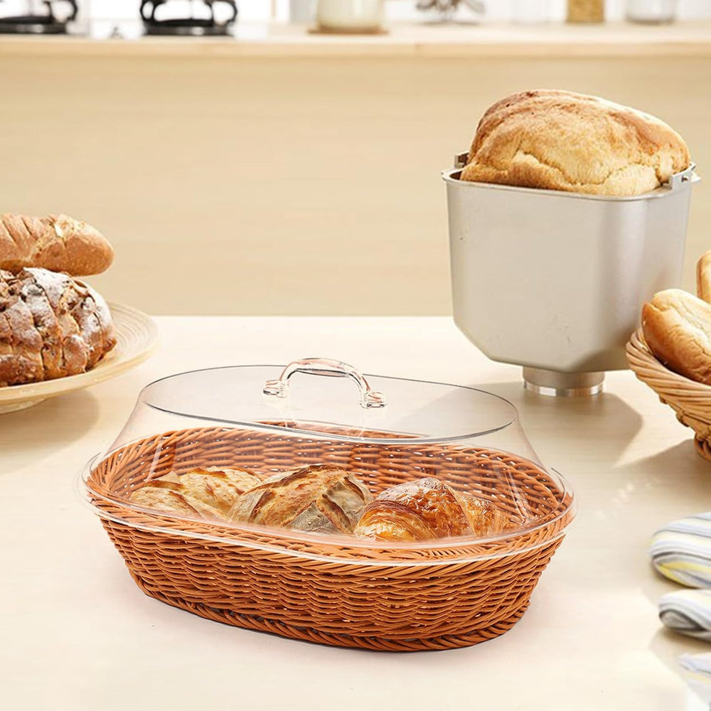 Rattan Bread Baskets, 2 Pack, Oval Woven Baskets with Acrylic Lids, 15.75 x 1...