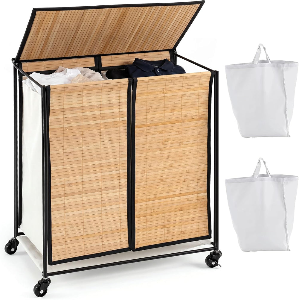 GOFLAME Bamboo Laundry hamper with Lid, 2-Section Rolling Laundry Basket with...