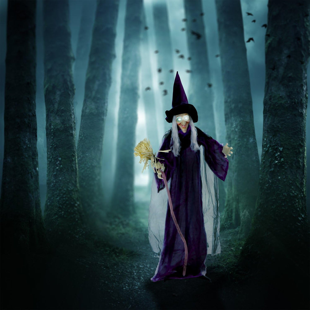 Haunted Hill Farm Life-Size Scary Talking Witch with Broomstick, Halloween An...