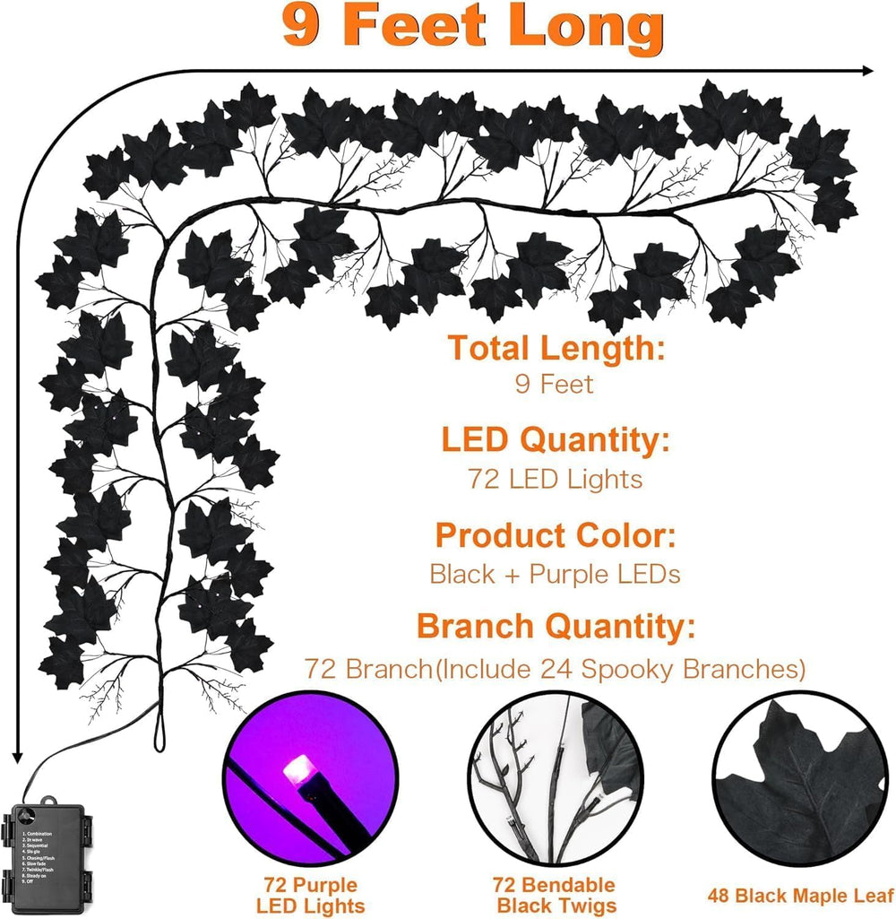 9 FT 72 LED Willow Vine Twig Decor Black Halloween Garland with Purple Lights...