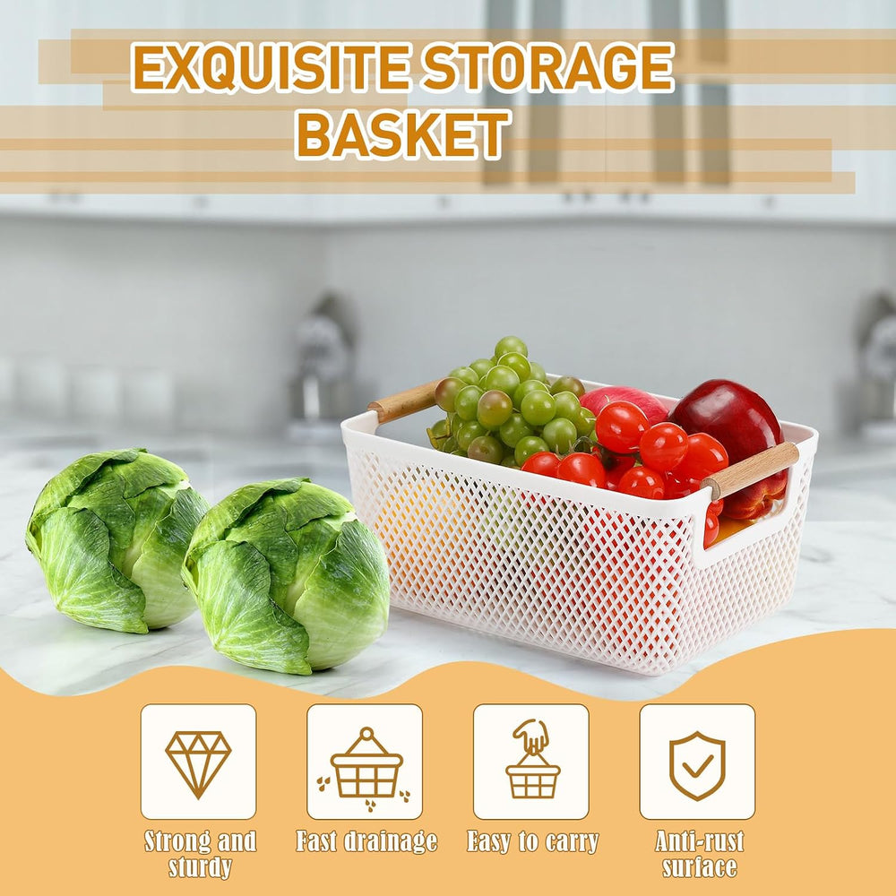 Tioncy 4 Pcs White Mesh Baskets with Wooden Handles Plastic Storage Organizer...