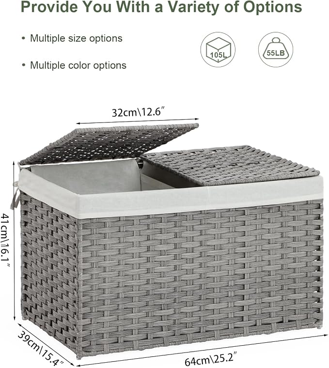 Storage Basket with Lid Rattan Storage Basket with 2 Separate Lid, 27.8 Gallon