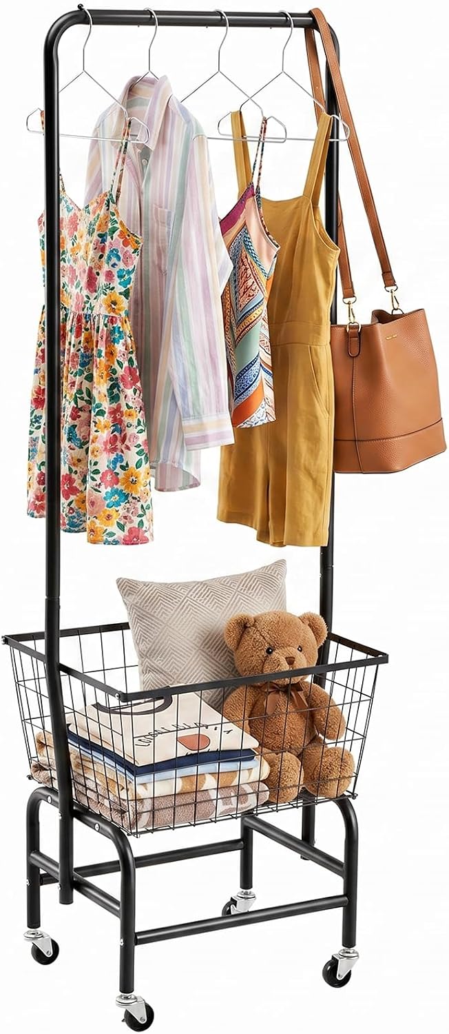 ALIMORDEN Rolling Laundry Cart with Hanging Rack & Metal Basket, Black