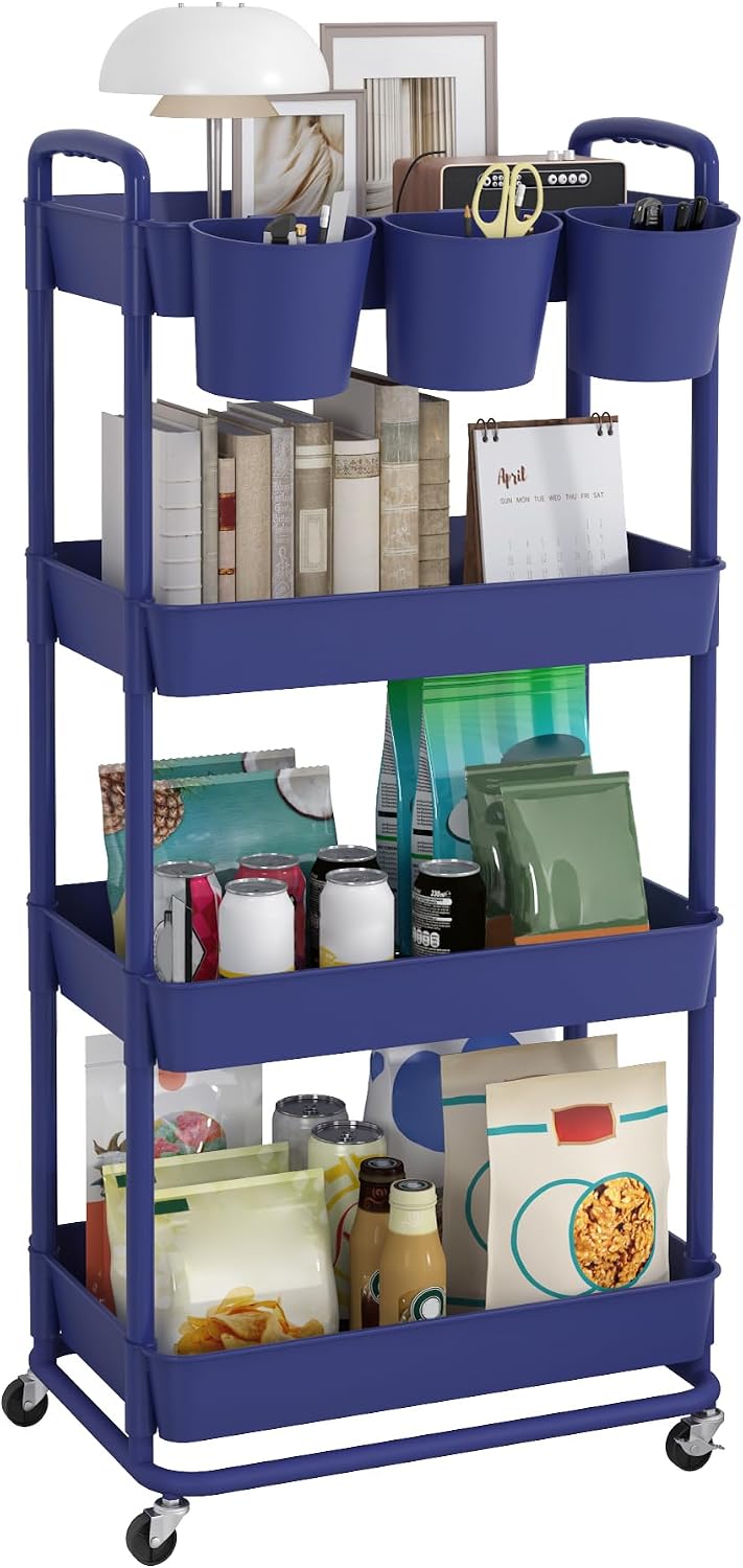 JIUYOTREE 4-Tier Plastic Rolling Storage Cart Utility Cart Blue