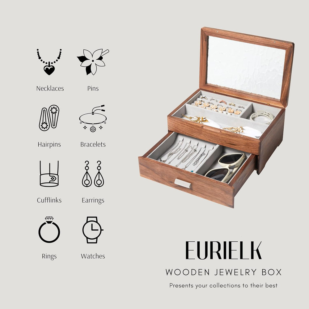 Wooden Jewelry Box, 2-Layer Organizer with Drawer, ek06-b-walnut