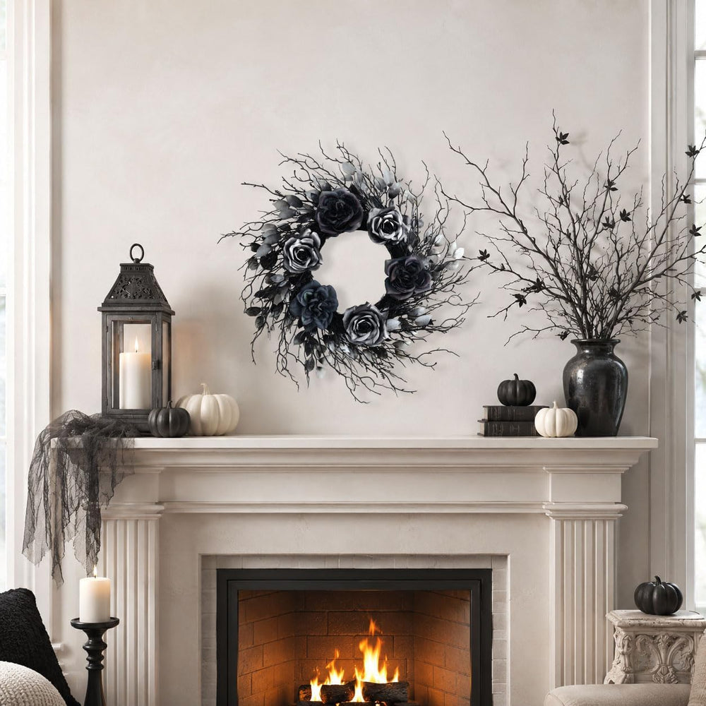 22 Inch Black and Silver Halloween Wreath with 40 Orange LEDs