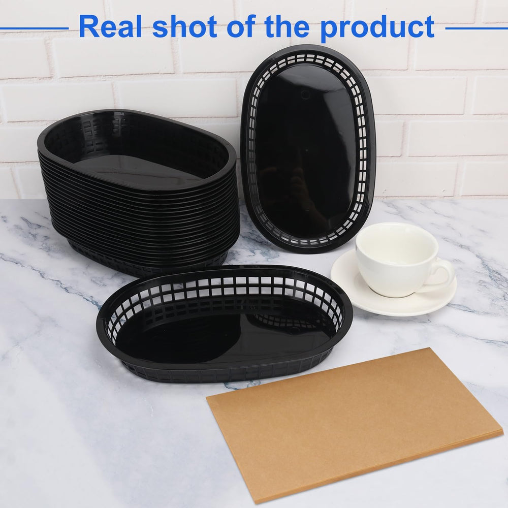 50 Pack Fast Food Baskets, 10.6 x 6.7 Inch Black Plastic food Baskets, Food S...