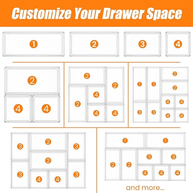 12 Pack Clear Plastic Drawer Organizer Set, Acrylic Non Slip Non Cracking