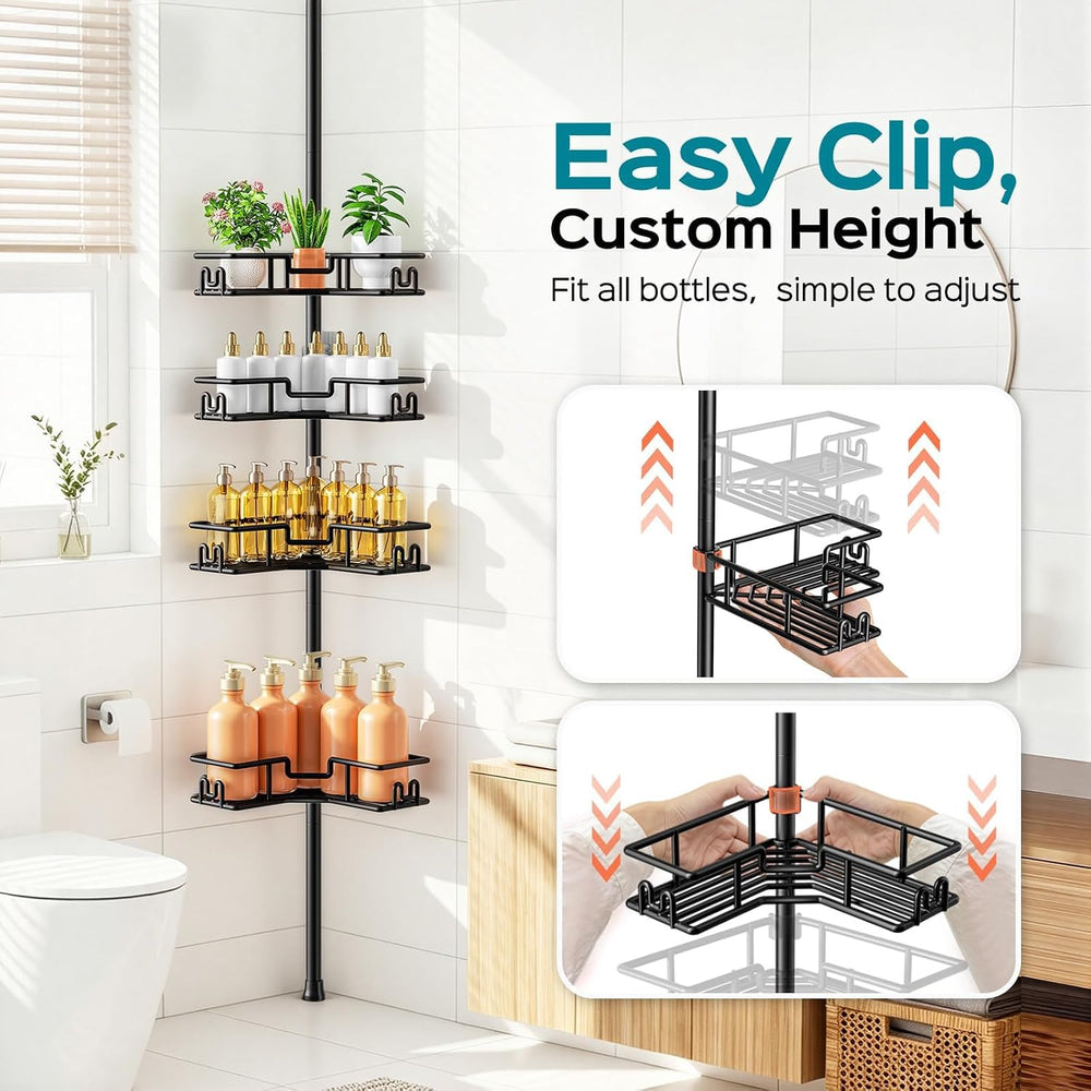 HAMITOR Corner Shower Caddy Tension Pole: 4-Tier Adjustable Shelf Black