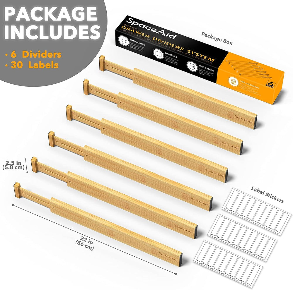 SpaceAid Bamboo Drawer Dividers with Labels, Kitchen Adjustable Drawer Organi...