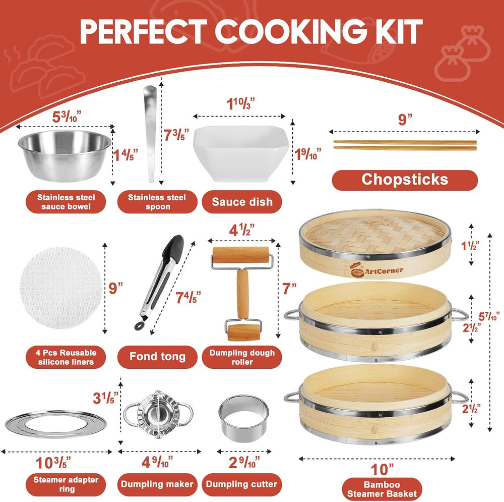 10 Inch Bamboo Steamer Basket Set, 2-Tier with Heat-Resistant Handles and Sta...