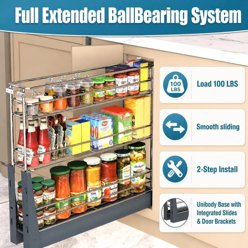 JOWBOOW 4 Inch Pull Out Spice Rack for 9 Inch Base Cabinet, Bottom Mount