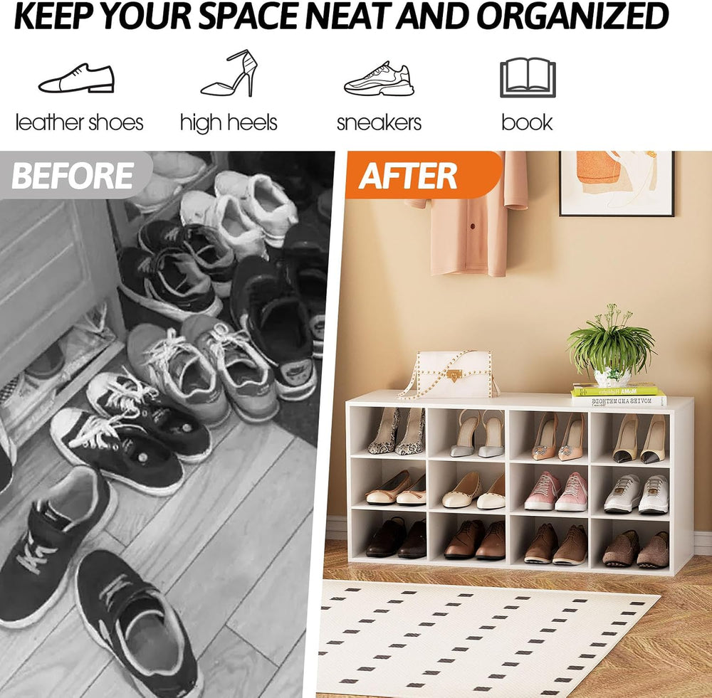 Garden 4 you Shoe Storage Bench, Cubby Shoe Rack with 12 Cubbies, 3-Tier Wood...
