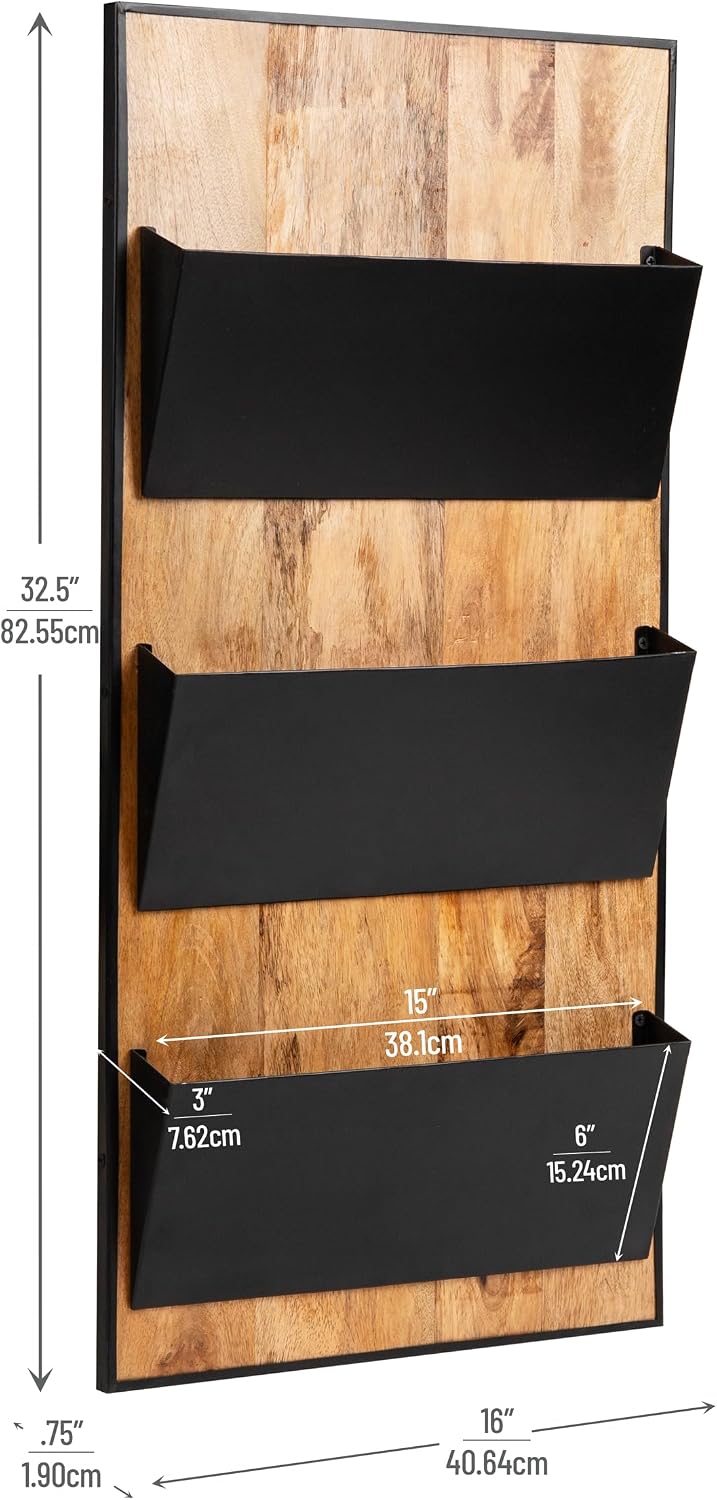 Mind Reader 3-Tier Wall-Mounted File Organizer, Wood and Metal Vertical Rack ...