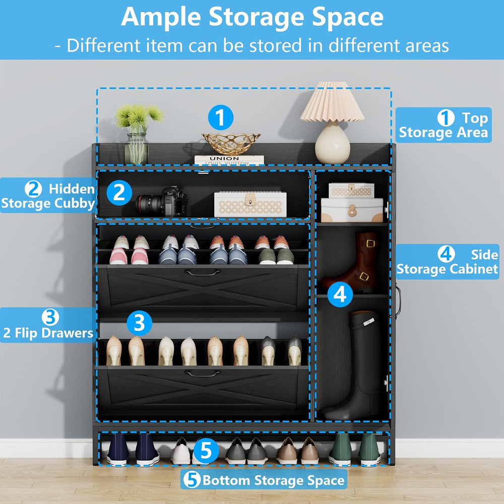 Free Standing Shoe Cabinet with 2 Flip Drawers and Adjustable Side Cabinet