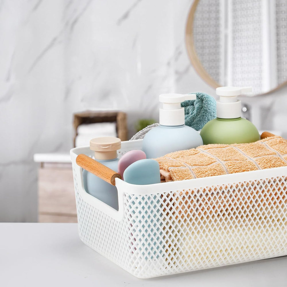 Tioncy 4 Pcs White Mesh Baskets with Wooden Handles Plastic Storage Organizer...