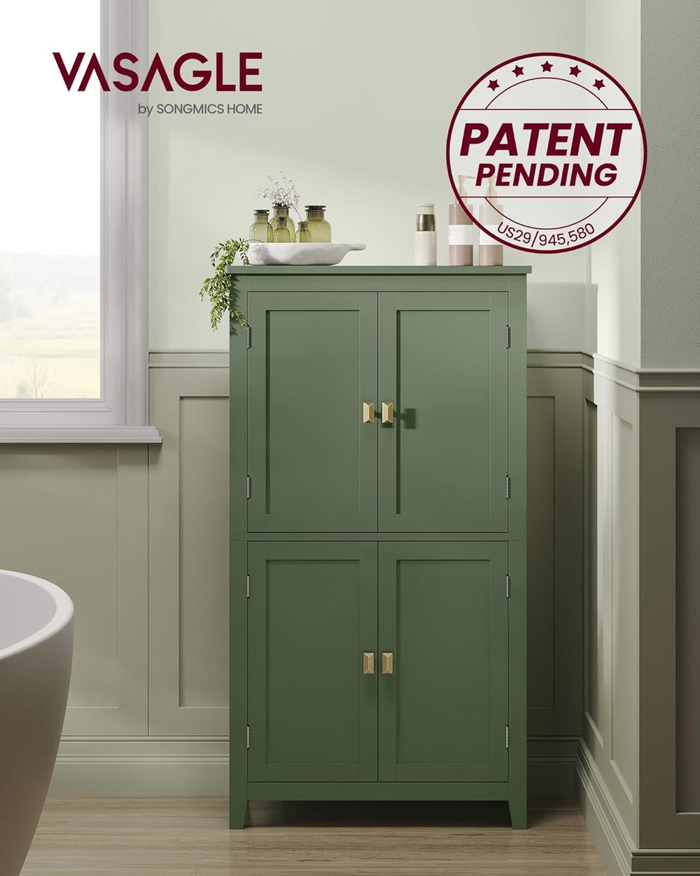 VASAGLE Bathroom Floor Cabinet, with 4 Doors, Forest Green