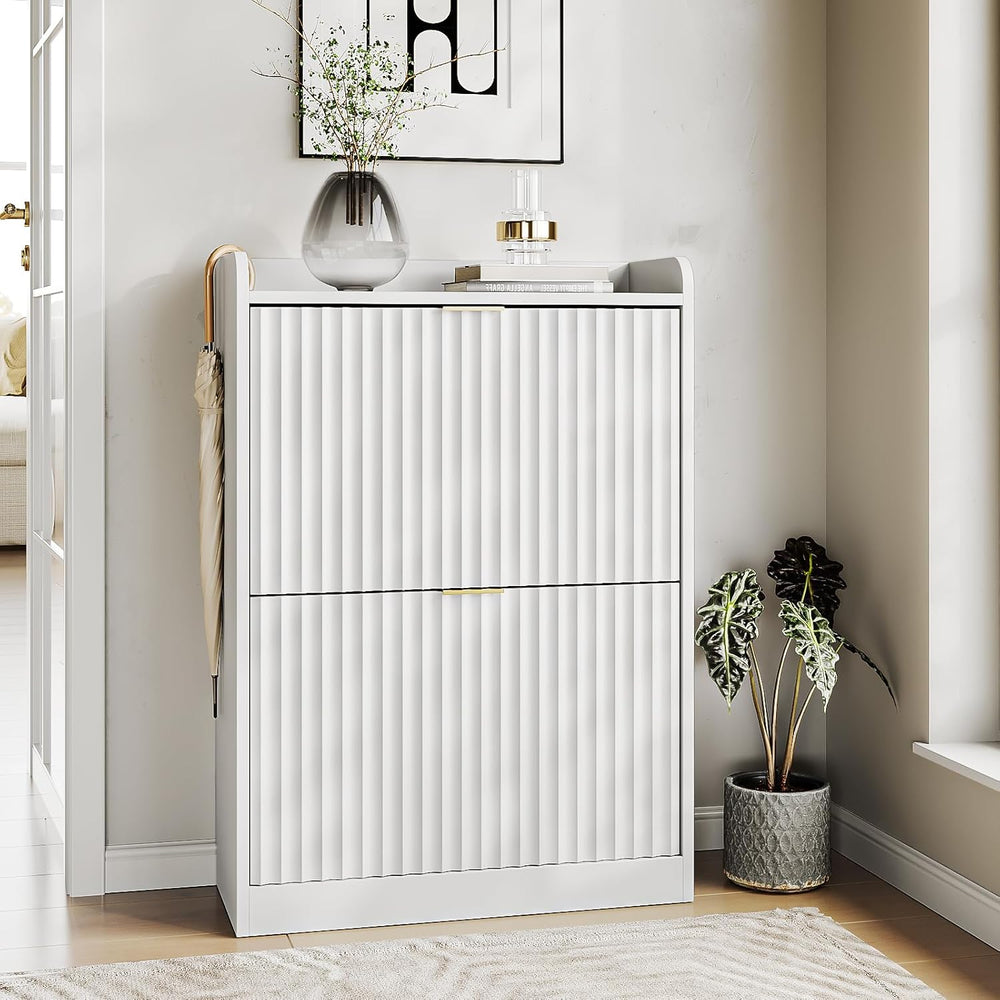 White Fluted Shoe Cabinet, Narrow Entryway Storage Rack Organizer