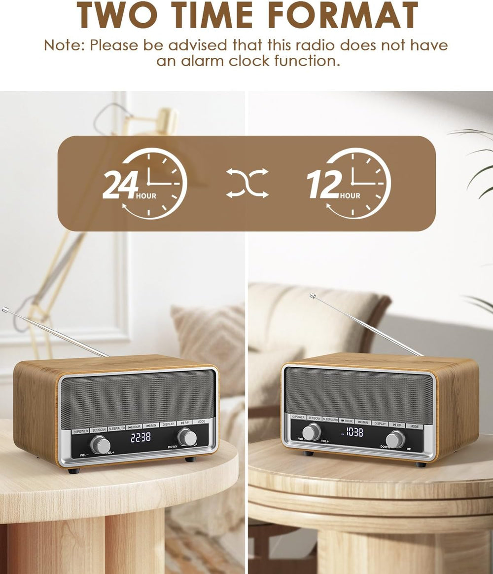 Vintage Wood AM FM Bluetooth Radio with Clear LCD Display