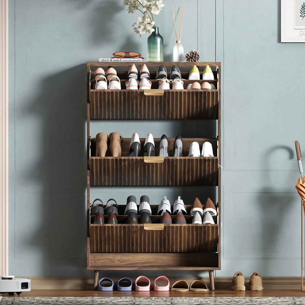 Shoe Cabinet Storage,Modern Freestanding Organizer with 3 Flip Drawers,Narrow...