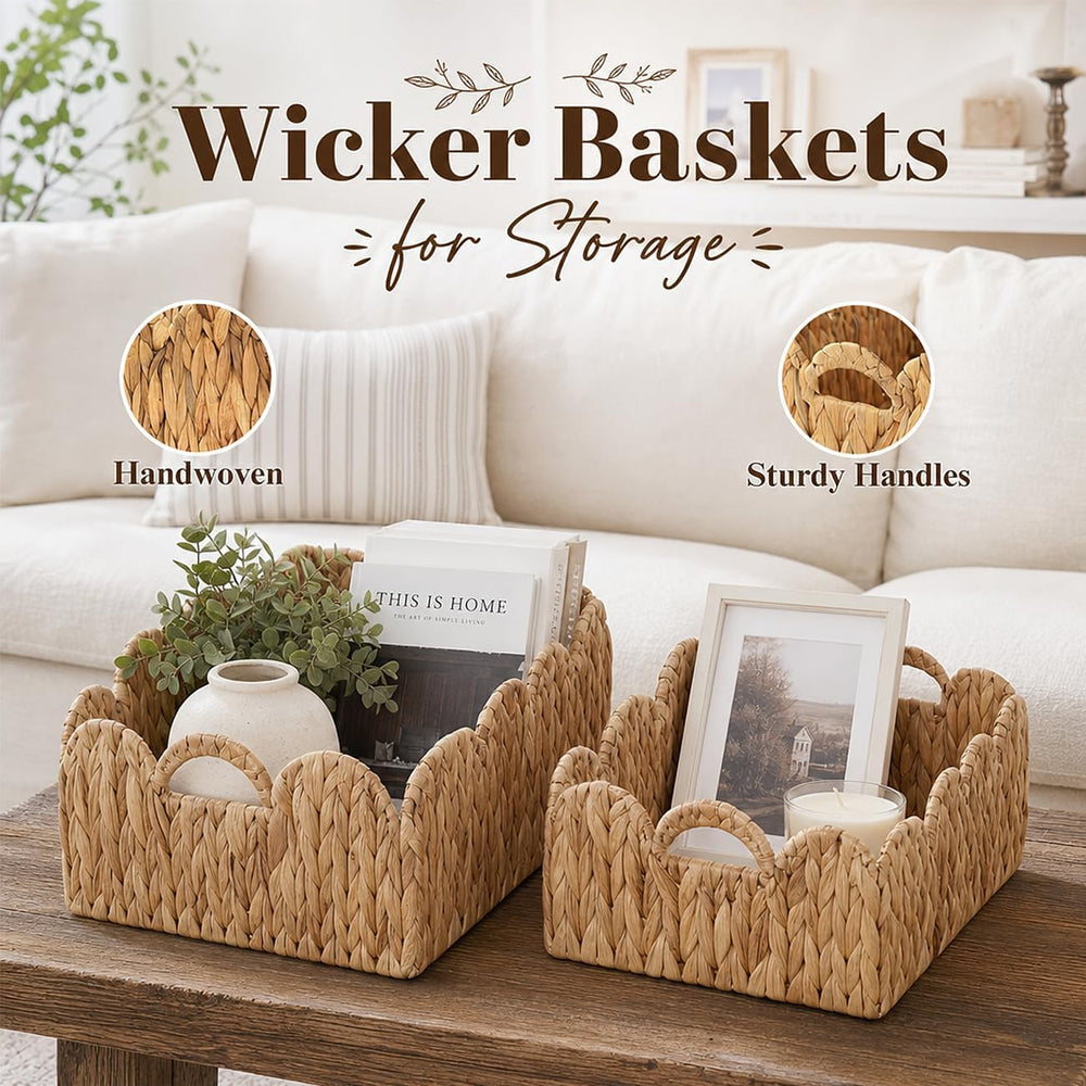 Scalloped Wicker Storage Baskets for Shelves Organize with Handles, 2-Pack