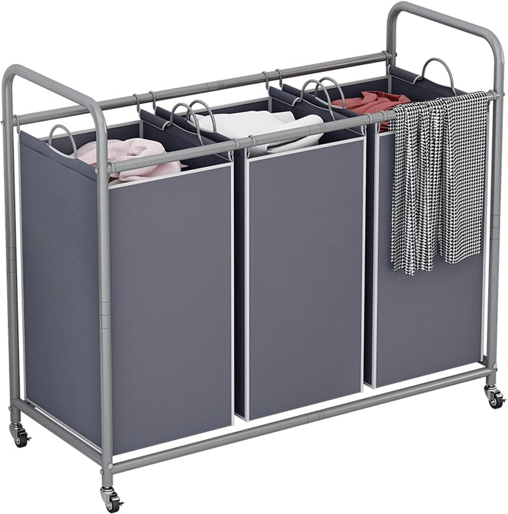 LINZINAR 3 Section Laundry Hamper Sorter, Grey Laundry Basket with Wheels