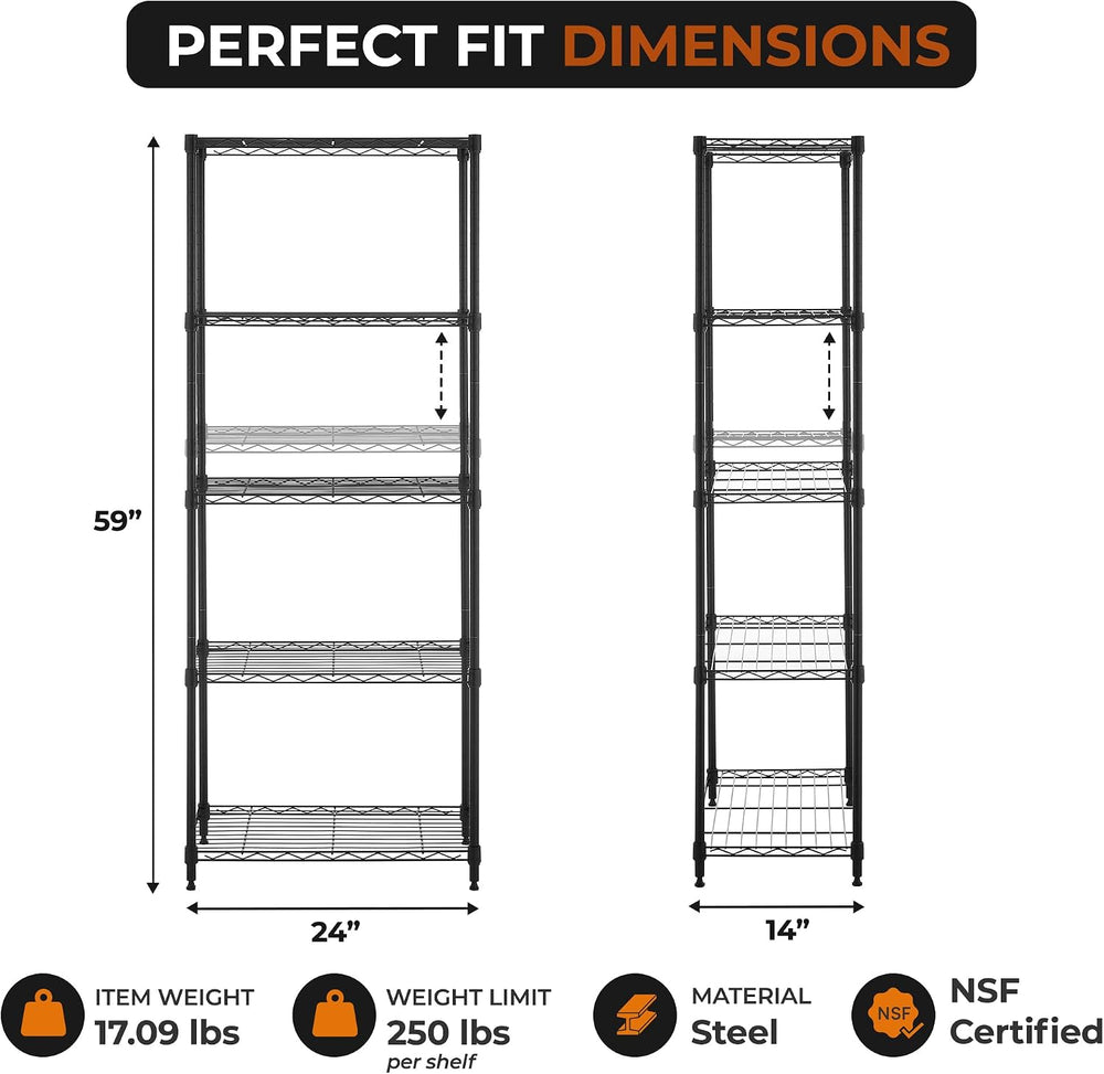 5-Tier Metal Shelf, 250 lb/Shelf, NSF, Black, 14x24x59 in
