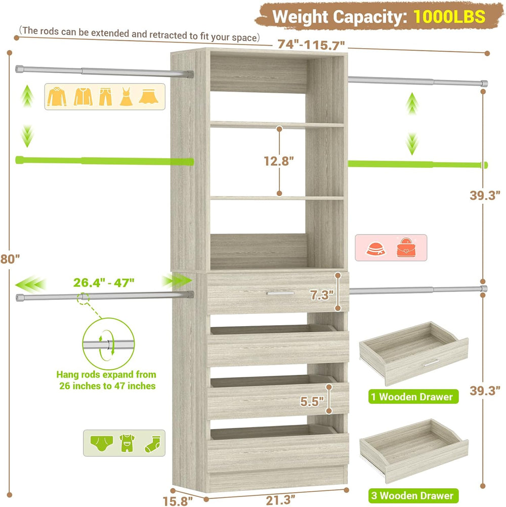 Aheaplus Closet System, Closet Organizer System with 4 Wooden Drawers, 4-9Ft ...