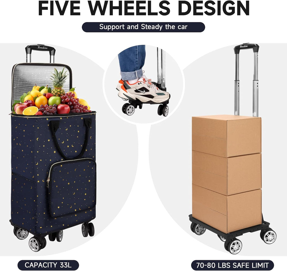 TAMACART Shopping Cart on 5 Swivel Wheels, Foldable Grocery Cart with Removab...