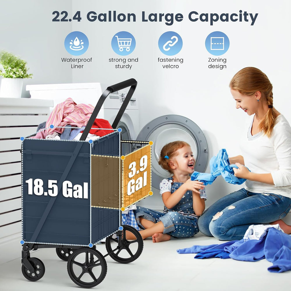 Folding Shopping Cart with Waterproof Bag, Double Basket Grocery Cart