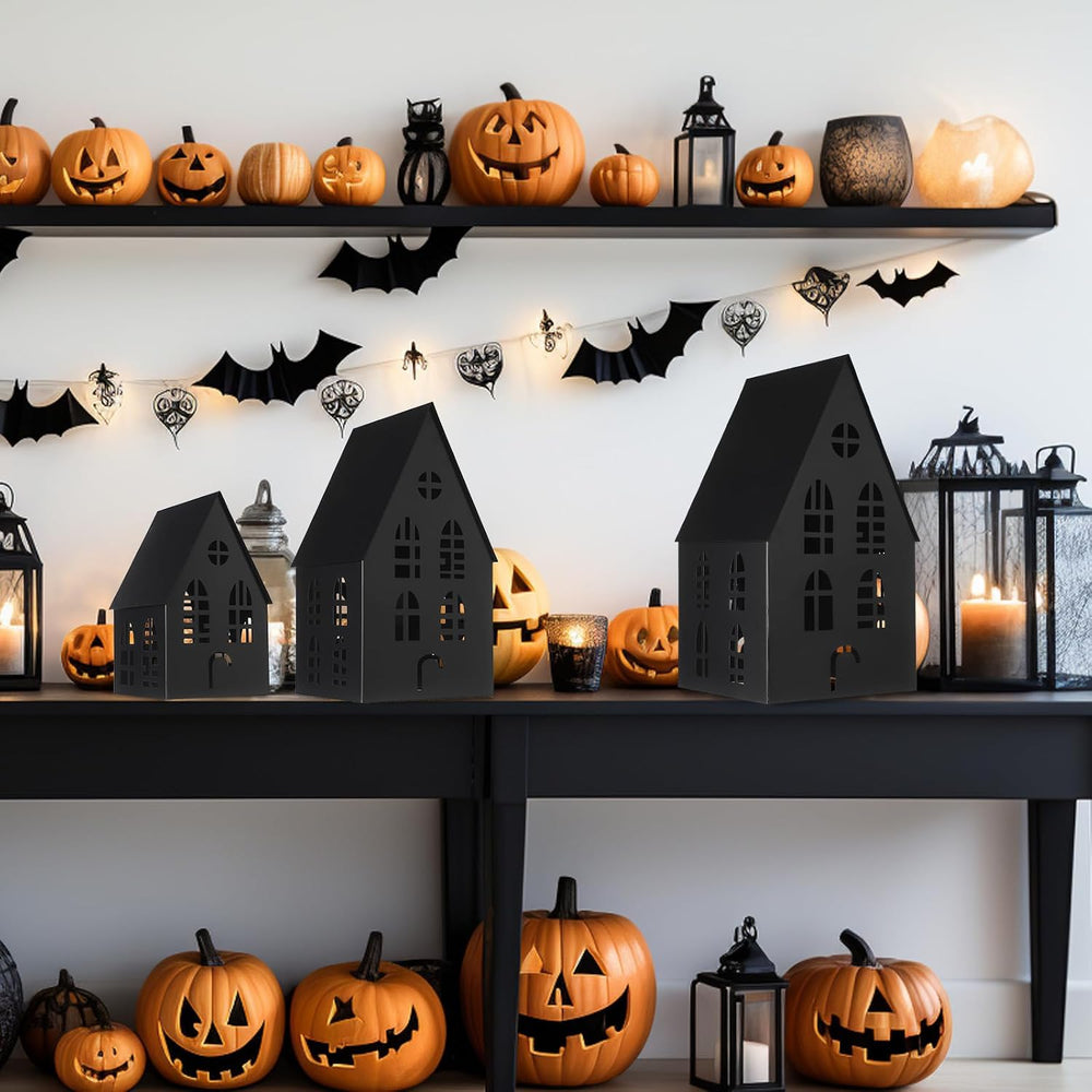 Beeveer 3 Pack Metal Halloween Haunted Houses Black Village House Decor