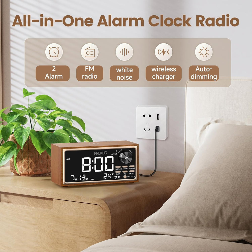 PRUNUS J-177 Retro Vintage Alarm Clock Radio with Fast Wireless Charging