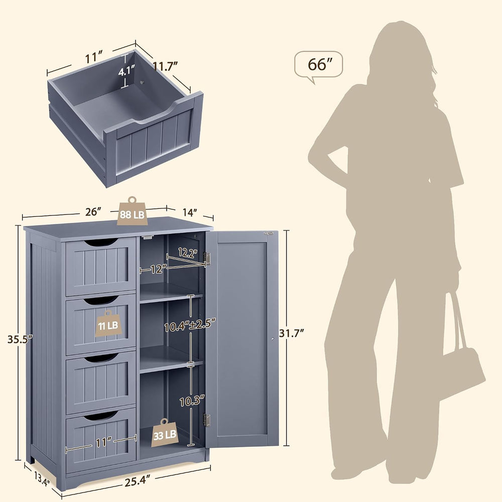Yaheetech Bathroom Storage Cabinet with 4 Beadboard Drawers and Door, Gray